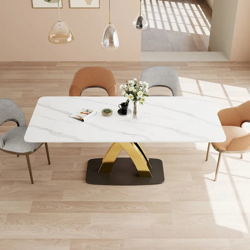 Modern White Rectangular Dining Table,Sintered Stone top,Gold X-Shaped
