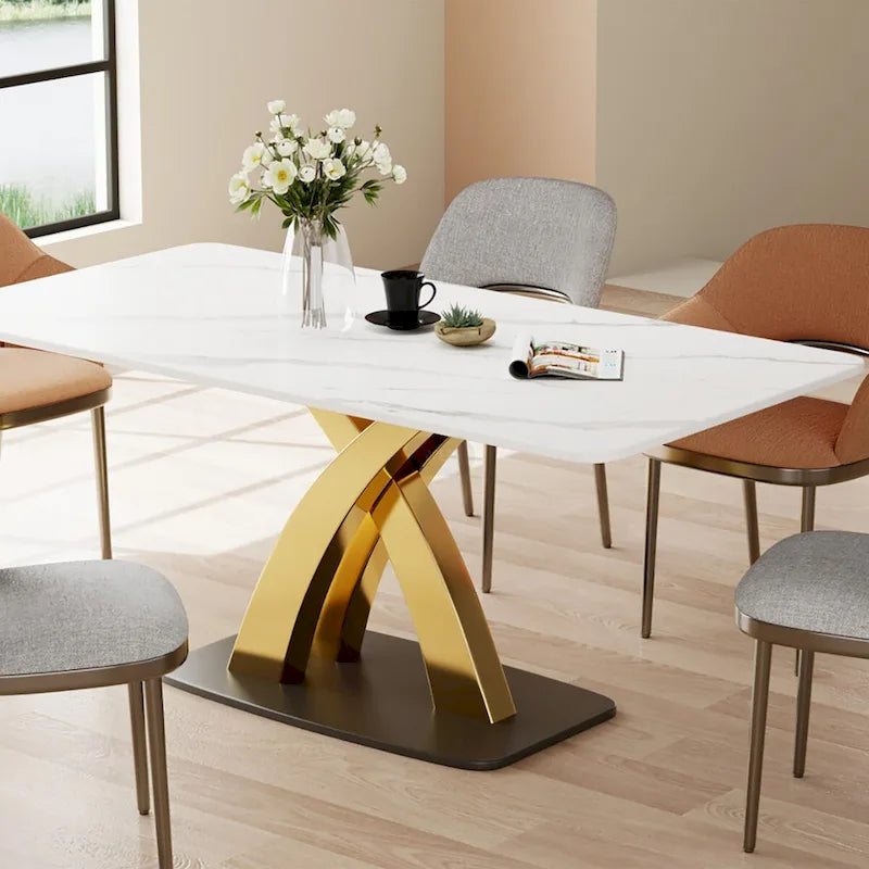 Modern White Rectangular Dining Table,Sintered Stone top,Gold X-Shaped