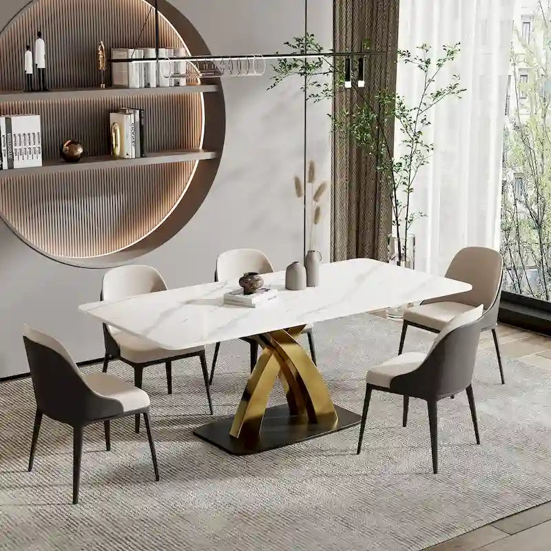 Modern White Rectangular Dining Table,Sintered Stone top,Gold X-Shaped