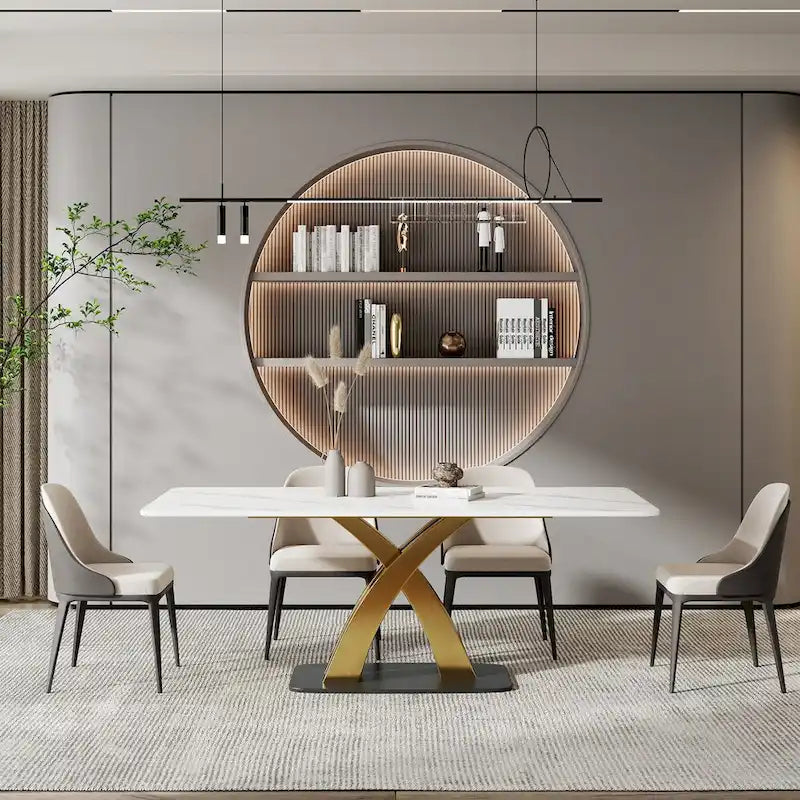 Modern White Rectangular Dining Table,Sintered Stone top,Gold X-Shaped