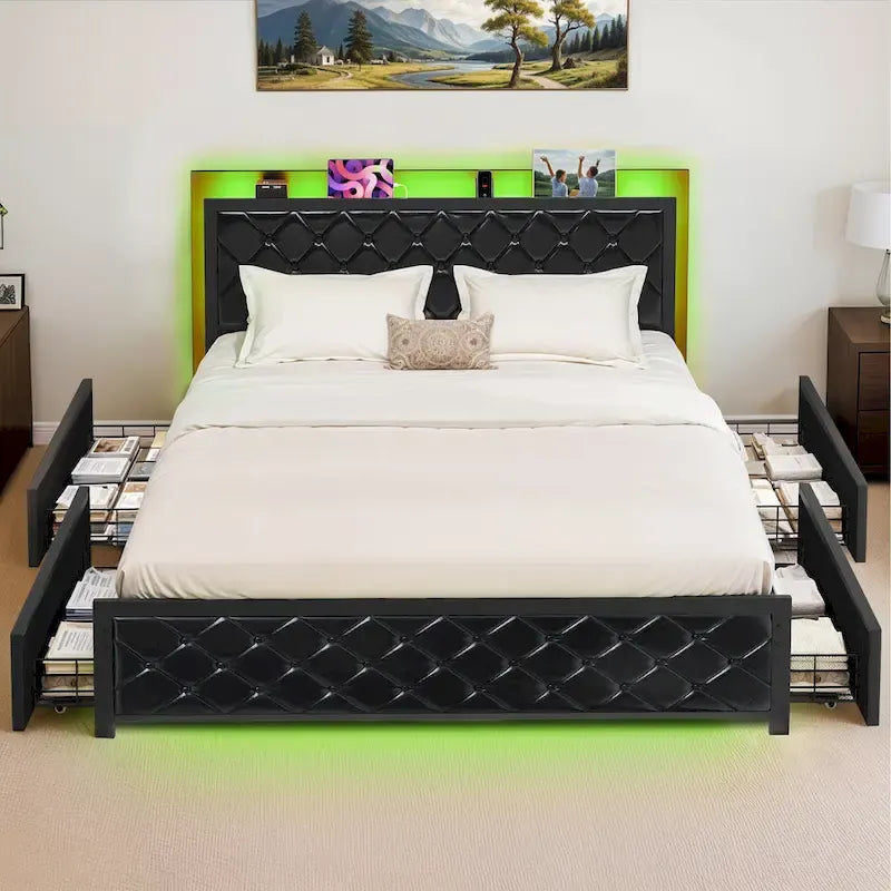 Queen Size PU Bed Frame LED Upholstered Platform Bed Frame