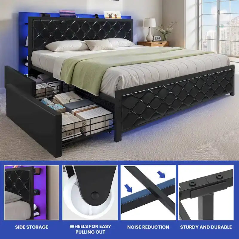 Queen Size PU Bed Frame LED Upholstered Platform Bed Frame