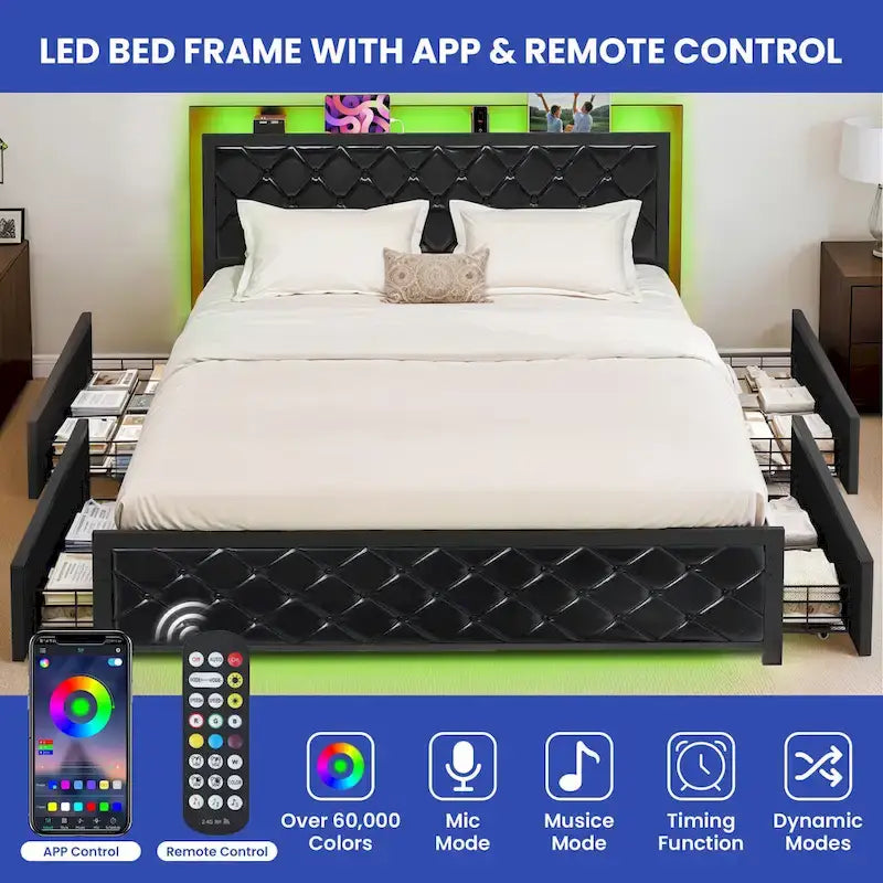 Queen Size PU Bed Frame LED Upholstered Platform Bed Frame