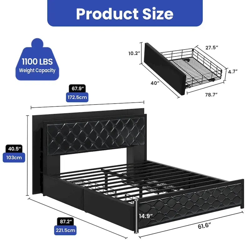 Queen Size PU Bed Frame LED Upholstered Platform Bed Frame