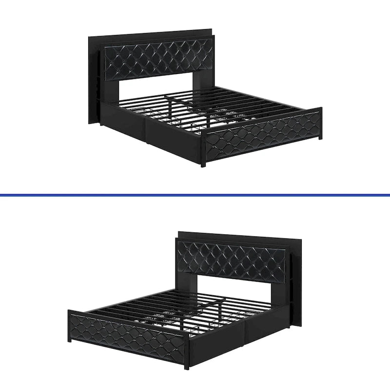 Queen Size PU Bed Frame LED Upholstered Platform Bed Frame
