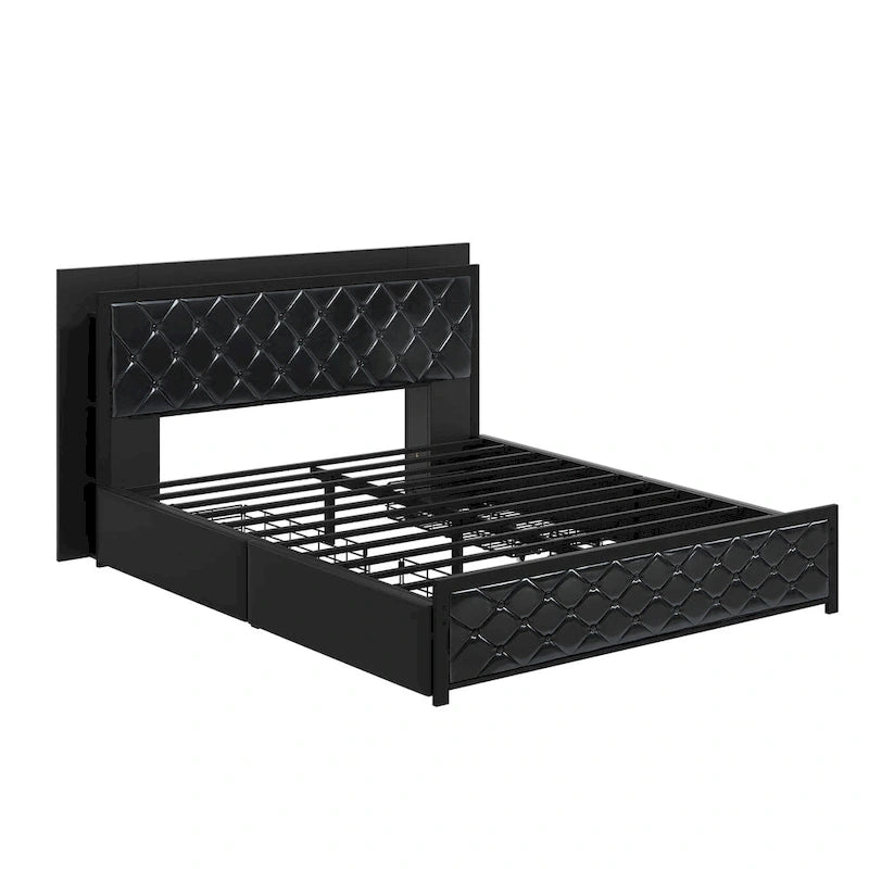 Queen Size PU Bed Frame LED Upholstered Platform Bed Frame
