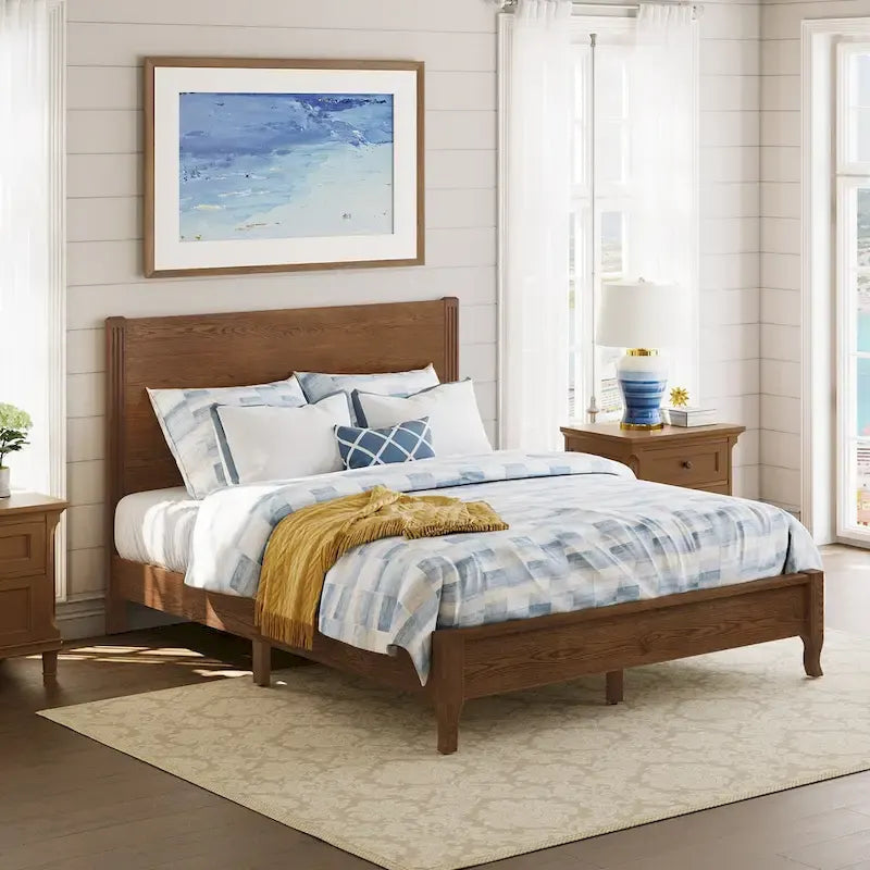 Solid Wood Panel Platform Bed with Headboard, Double Size Beds Wooden Rustic Bed Frame Bedroom Furniture