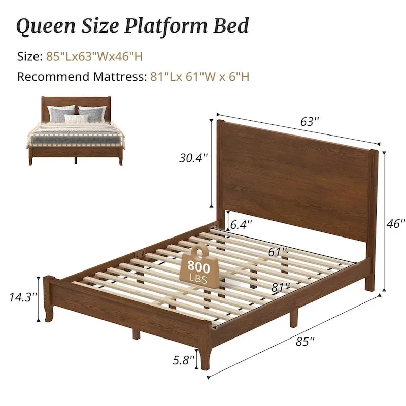 Solid Wood Panel Platform Bed with Headboard, Double Size Beds Wooden Rustic Bed Frame Bedroom Furniture