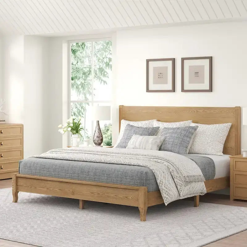 Solid Wood Panel Platform Bed with Headboard, Double Size Beds Wooden Rustic Bed Frame Bedroom Furniture