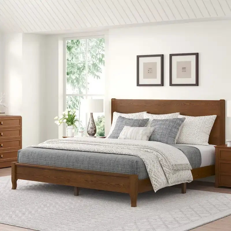 Solid Wood Panel Platform Bed with Headboard, Double Size Beds Wooden Rustic Bed Frame Bedroom Furniture