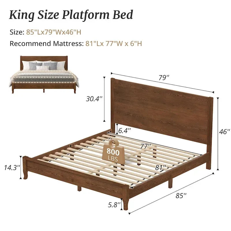 Solid Wood Panel Platform Bed with Headboard, Double Size Beds Wooden Rustic Bed Frame Bedroom Furniture