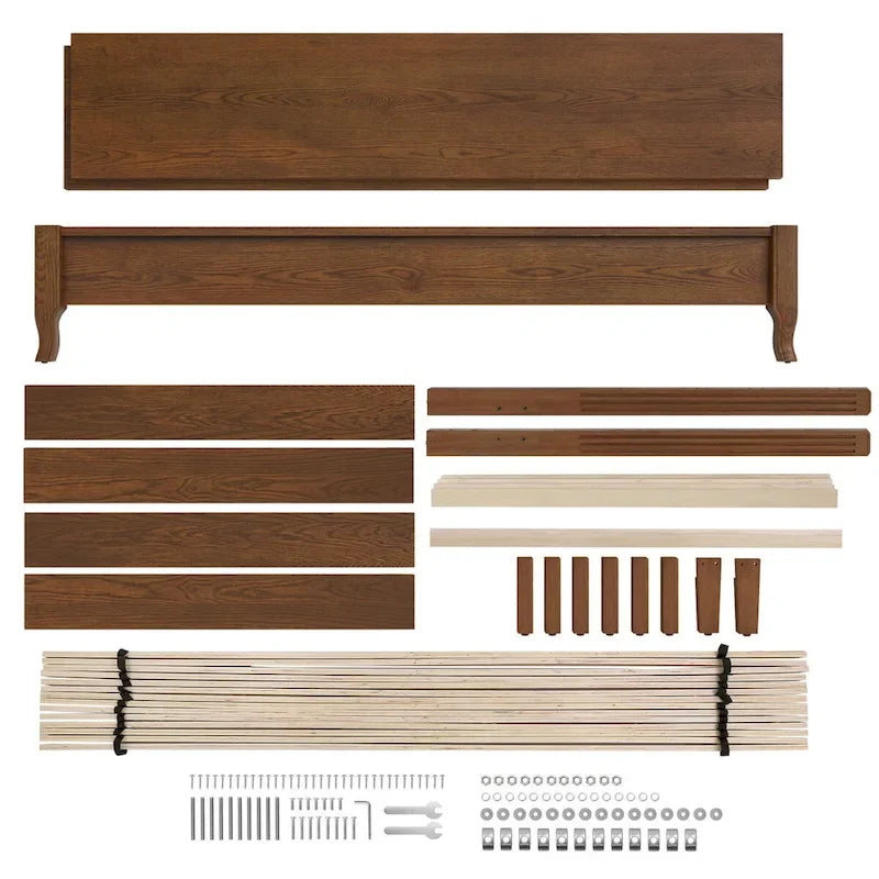 Solid Wood Panel Platform Bed with Headboard, Double Size Beds Wooden Rustic Bed Frame Bedroom Furniture