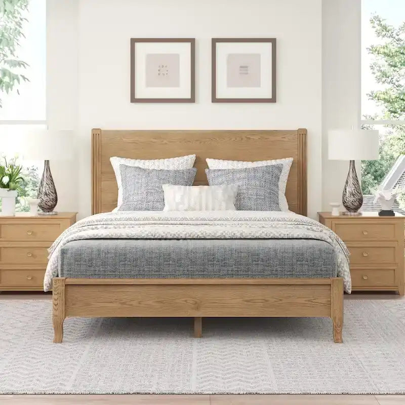 Solid Wood Panel Platform Bed with Headboard, Double Size Beds Wooden Rustic Bed Frame Bedroom Furniture